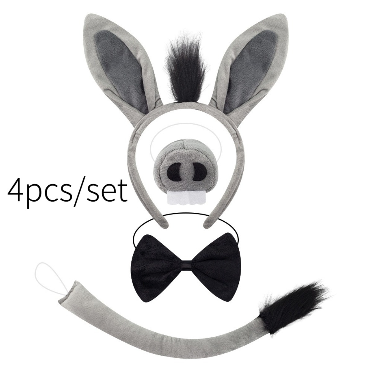 TEMU 4pcs Adult Donkey Costume With Ears, Tail, Nose & Bow Tie - Grey & Black Donkey Headband With Pink Inner Ears, Realistic Animal Outfit For