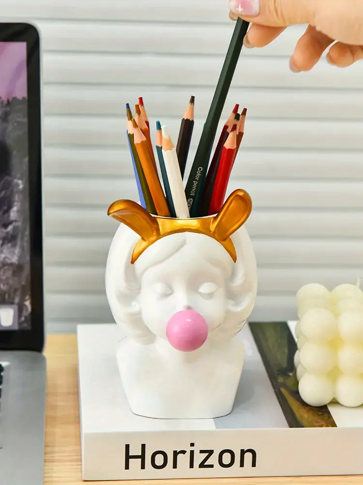 1pc cute bubble blowing girl desk organizer elegant white golden accent pen holder makeup brush storage decorative office home decoration perfect gift for women girls teachers students birthday valentines easter present for desk or vanity office desk accessories student stationery holder whimsical design quality student supplies decor handcrafted figurine decorative holder teacher Product details 2