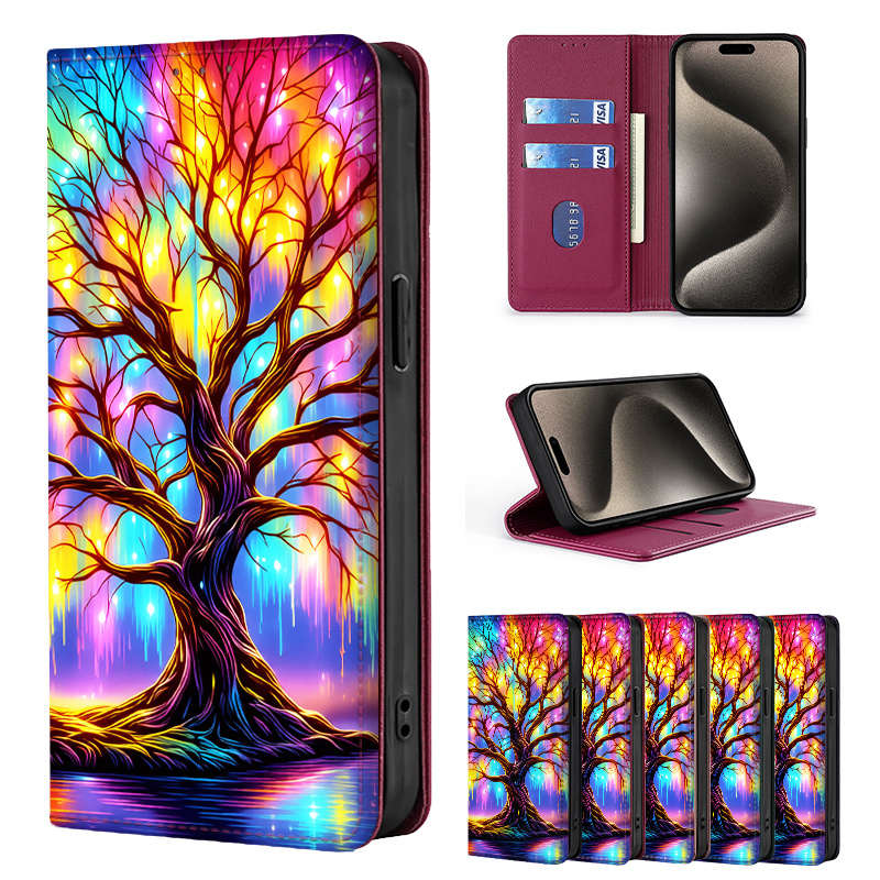 TEMU Phone Case - Colorful Painted Double-fold Edge, Faux Leather Flip Cover Creative Phone Case With Card Slot Anti-theft Stand Wallet, For Galaxy