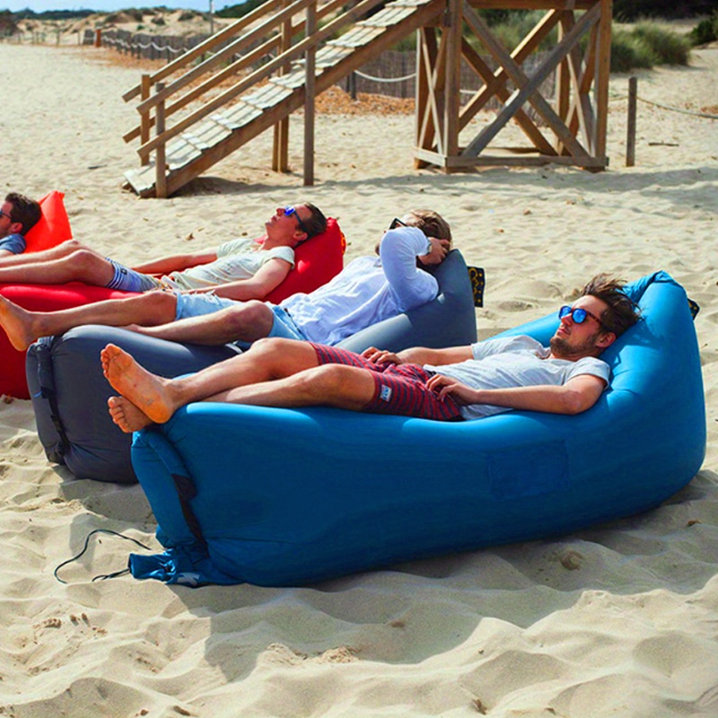 1 person   inflatable lounger sofa bed with storage bag portable foldable durable polyester air cushion for camping beach relaxation single size semi rectangular shape   outdoor leisure