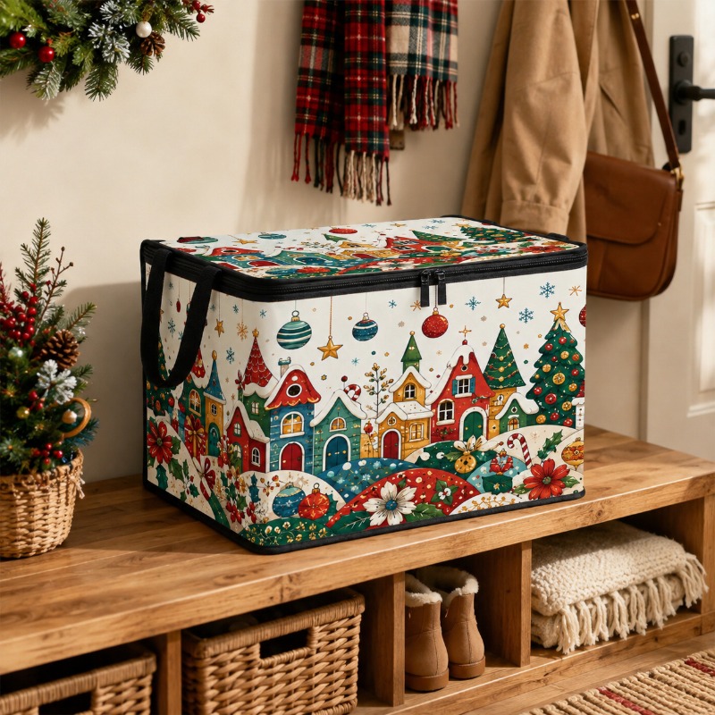 TEMU 1pc Large Capacity Storage Box, Foldable Organizer With Zipper Lid And Handles, Christmas Village Print, For Closet, Bedroom, Seasonal Storage,