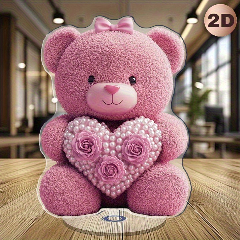 TEMU 2d Flat, 1pc Bear With & Rose Stand - Acrylic Desk Decor Suitable For Home, Office, Café, Cute Plush Animal Figurine With Rose Base, Perfect,