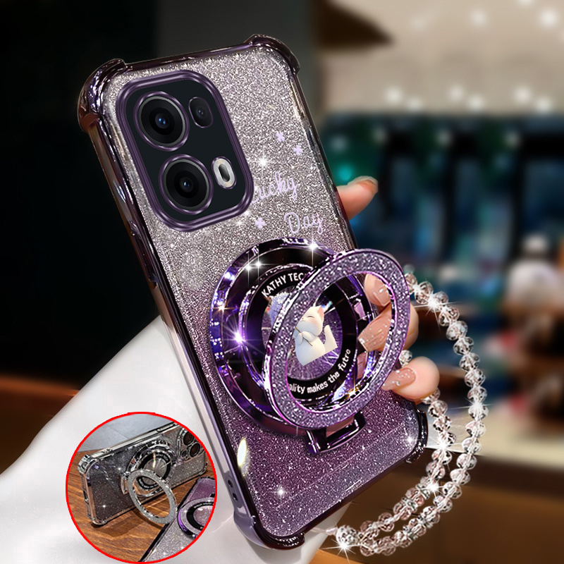 TEMU Phone Case: Diamond Wrist Strap Magnetic Glitter Cute Cat Phone Holder Case On For Oppo Reno 13 Pro Reno13pro Anti-knock Shock Proof Back Cover