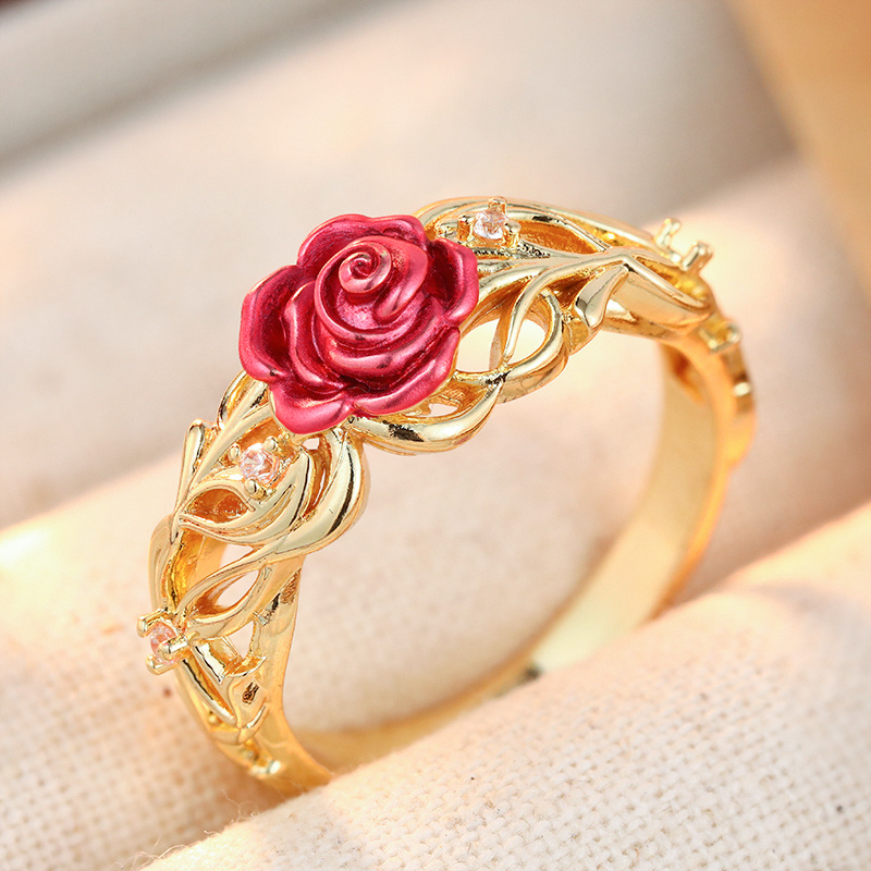 Women's Hollow Vine & Red Rose Design Plated Ring