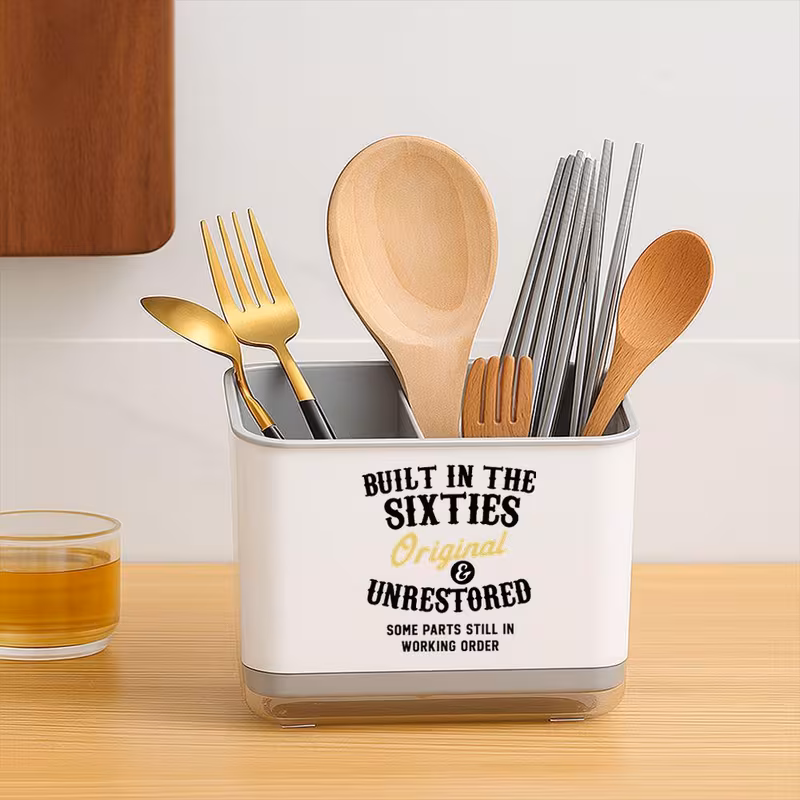 print kitchen utensil organizer cute utensil holder with spatula slot spoon fork compartments durable plastic countertop storage for farmhouse sink space saving black white utensil organizer for spoons knives spatulas Product details 4