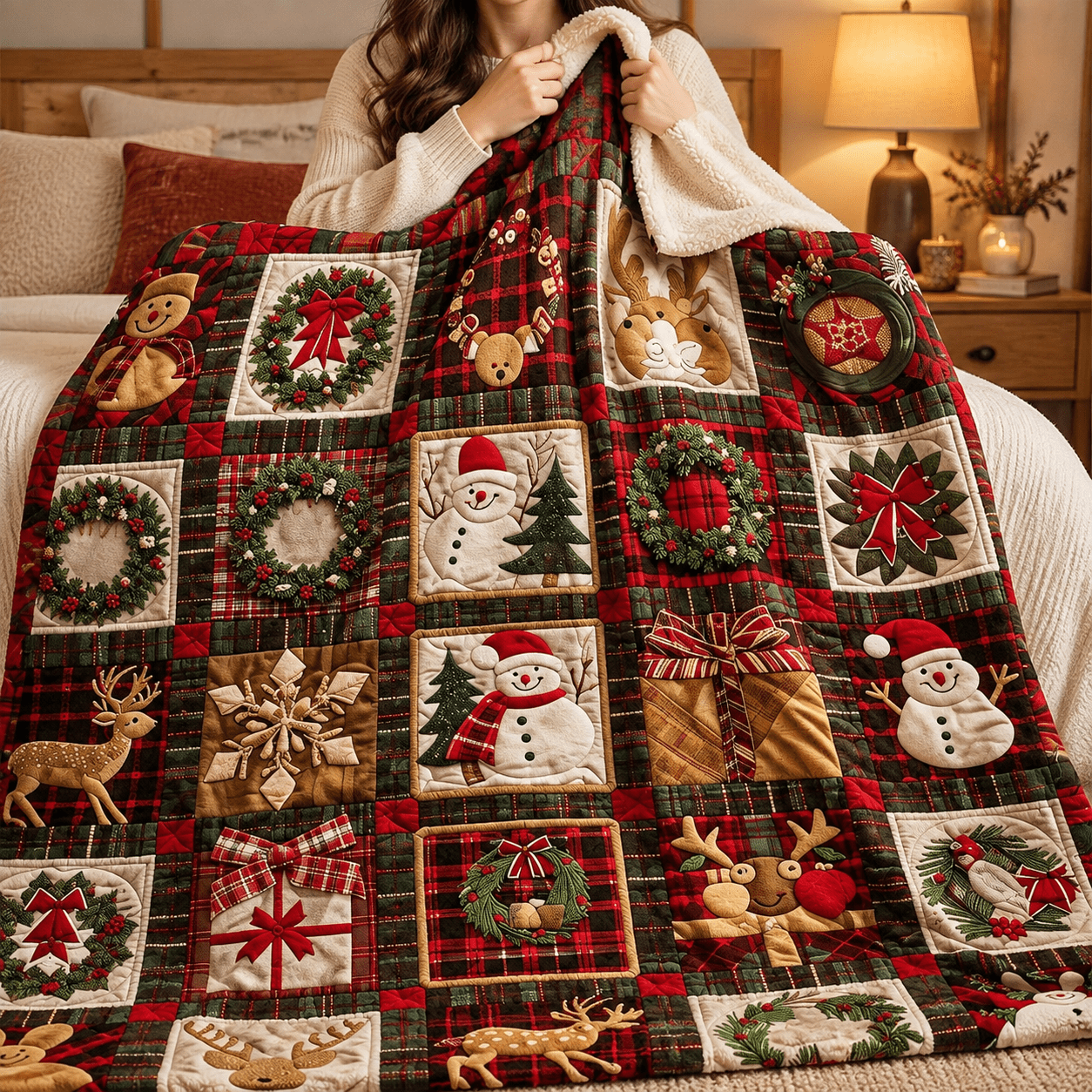 TEMU 1pc Soft And Comfortable Flannel Blanket Christmas Snowman Reindeer Wreath Quilted Throw 280gsm Holiday Gift For
