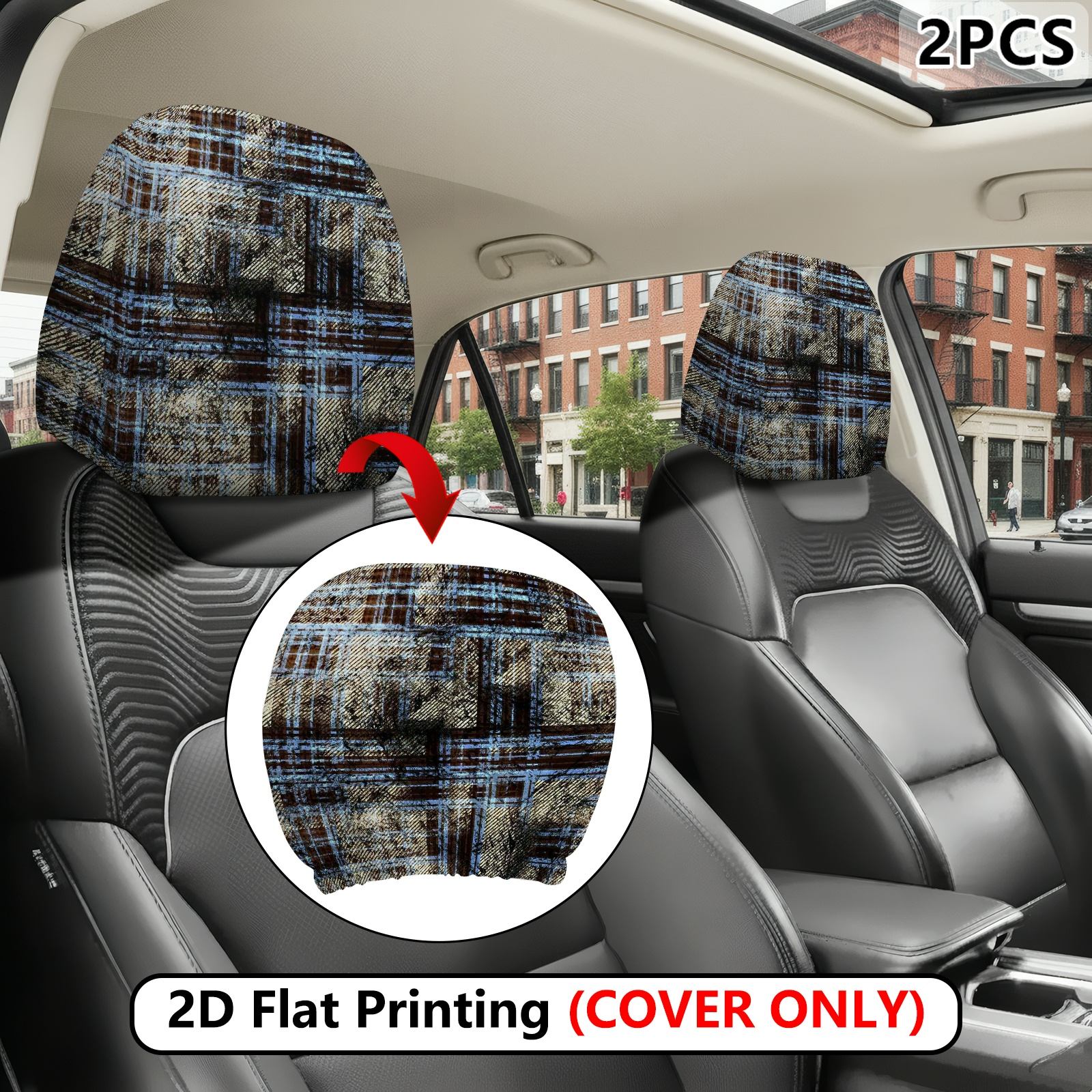 2d flat 2pcs plaid blue brown print car headrest covers cover   not a headrest seat protection with high   design and no filling   covers