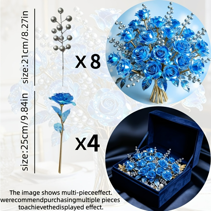 TEMU Lot de 12 roses bleues associées à des argentées, fleurs artificielles en cristal, parfaites pour la Saint-Valentin, Thanksgiving, des Mères |