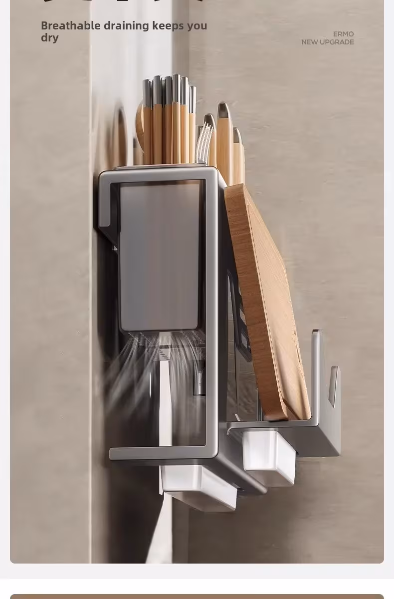 wall mounted kitchen knife rack with chopstick tube storage metal integrated storage rack for cutting tools and chopping boards Product details 3