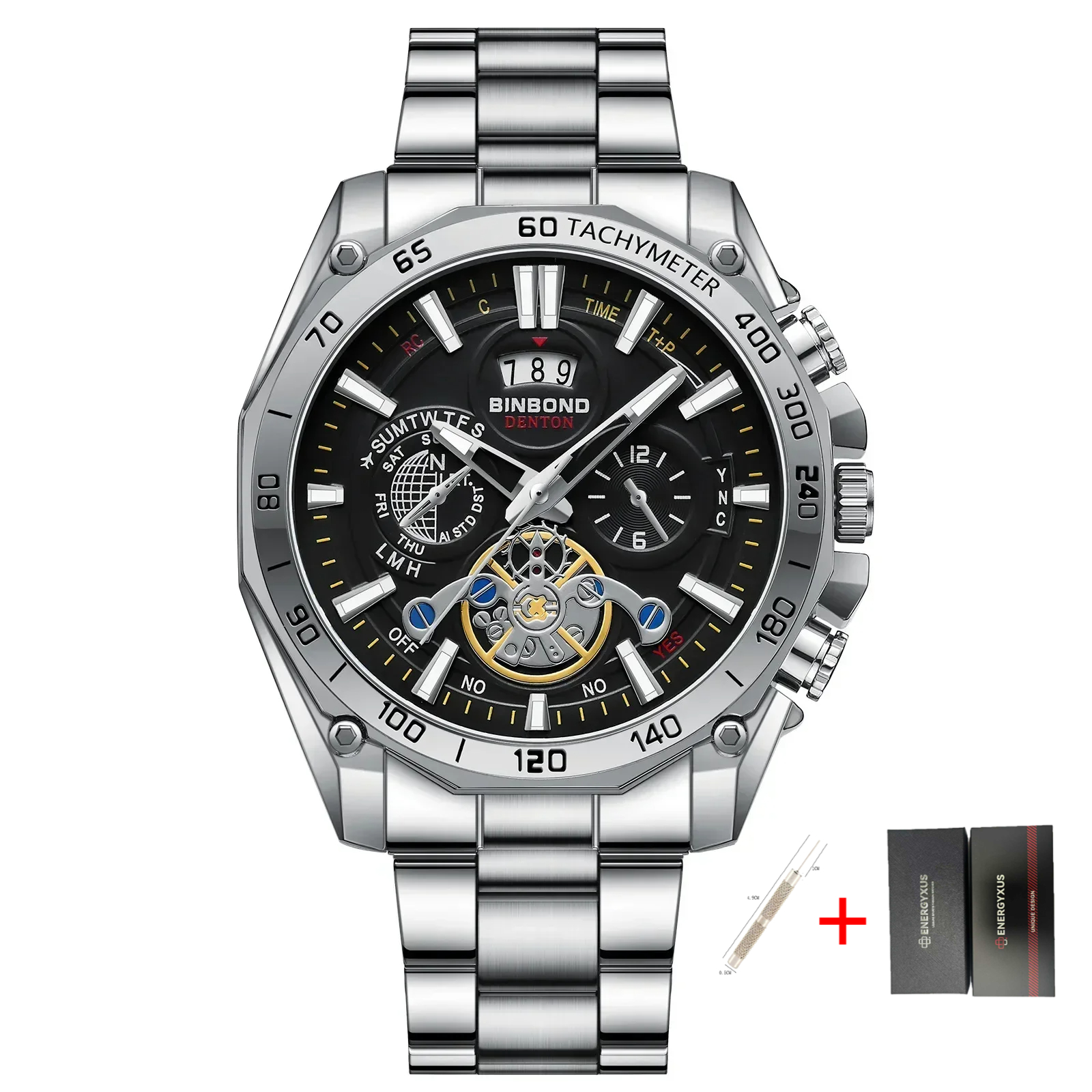 TEMU Luxury Men's Business Watches Fashion Strap Round 's Stainless Steel Wristwatch Reloj Hombre With Box, Without Battery