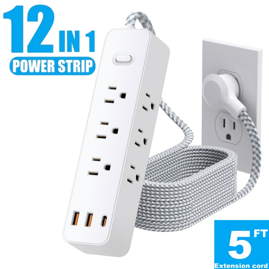 TEMU 12-in-1 Strip, 5ft Flat Plug Surge Protector, 9 Ac Outlets, 2 Usb Ports, 1usb C, 5ft Extension Cable, One-button Switch, Convenient To Carry, Suitable For Home, Office And Travel