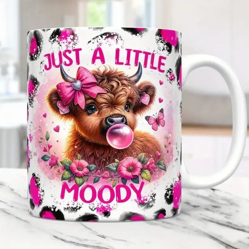 TEMU 1pc Scottish Highland Cow Mug With Scottish Text & Pink Bow - C-handle Coffee Tea Cup Suitable For Scottish-themed Parties, Ideal Gift For