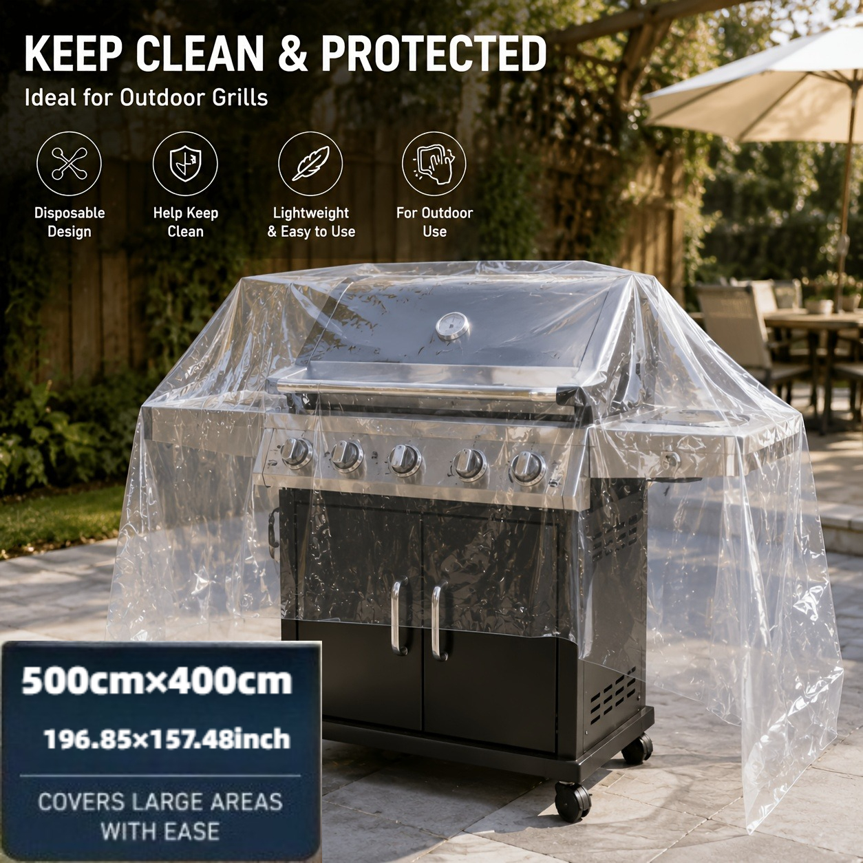 TEMU Bâche jetable en plastique transparent de 5 m x 4 m (500 x 400 cm) - Housse de patio d'extérieur , convient pour la polyvalente des tables,