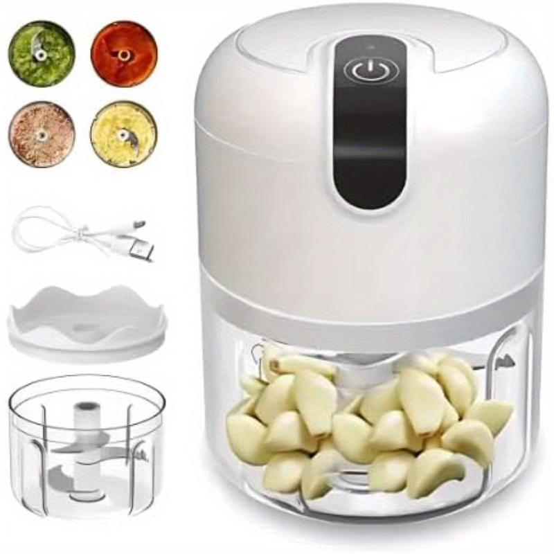 usb rechargeable electric garlic chopper & food processor with stainless steel blades, bpa-free bowl, 60w powerful motor & 12-second chopping time - portable mini chopper for garlic, onion, herbs, nuts, spices, dips -   with ergonomic lid & brush attachment, cordless operation, usb-powered for home, office, travel, garlic crusher, garlic slicer thin cuts, garlic rocker, electric food chopper, chopper for food and vegetable, garlic peeling machine Product details 0
