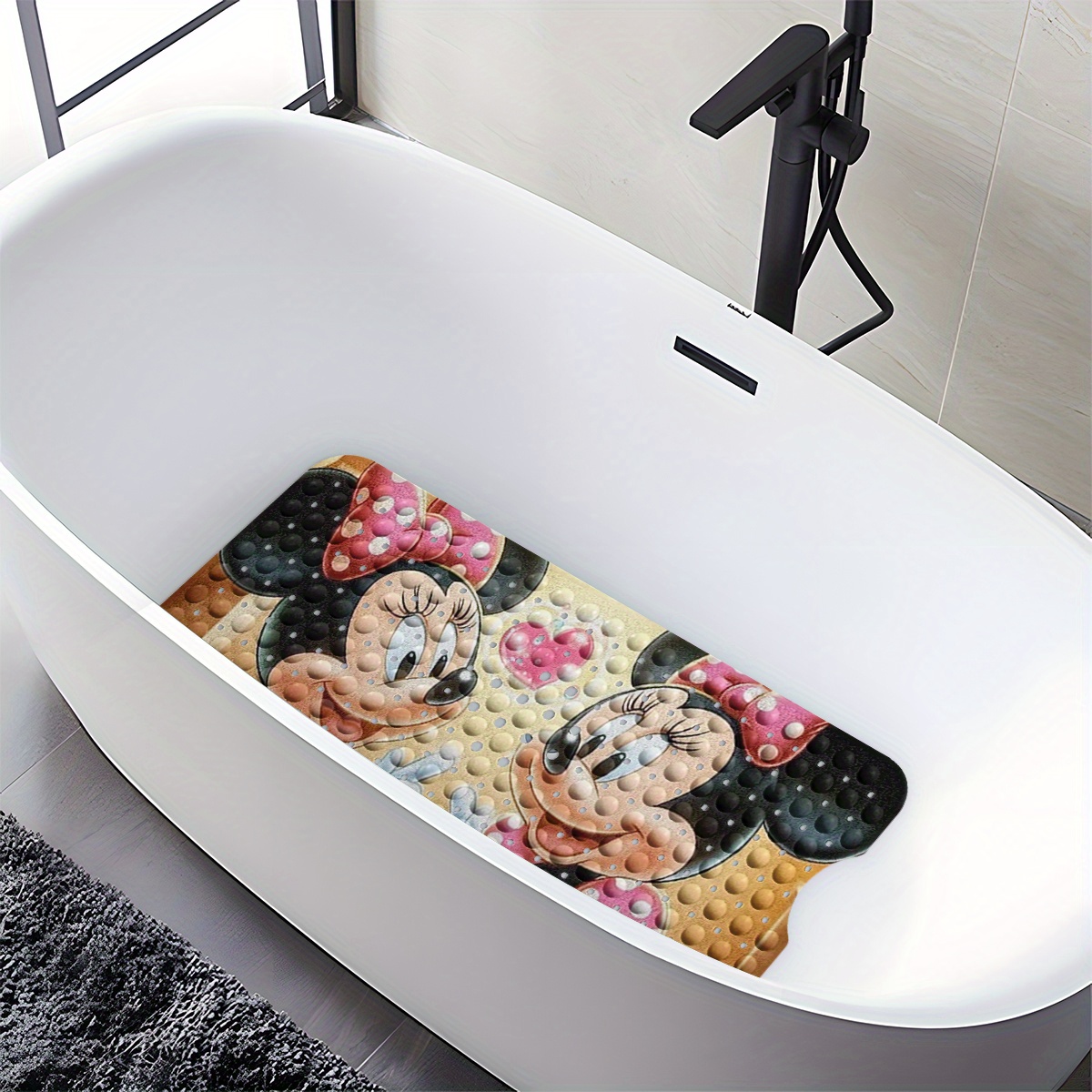 disneys   mouse bath mat features   hearts and bubbles set against a warm colored background in a cartoon style this non slip mat measures 40 100cm 15 7 39 3 inches and provides a comfortable water absorbent surface for your bathroom Product details 8