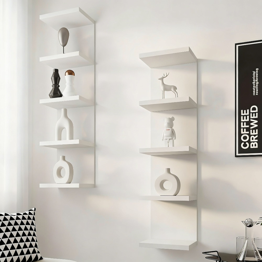 2 Set 5-tier Floating Wall Shelf - White Column Design Innovative Space- Unit, , No Golden Tubes , 77.98cm High, Suitable For Bedroom, Living Room - Wall-mounted Practical Shelf