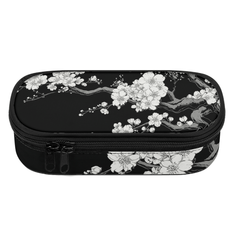 TEMU 1pc Polygonal Pencil Case With Ink Plum Design, Large-capacity Printed Pencil Pouch With Zipper Closure And Compartment, Stylish Makeup Bag,