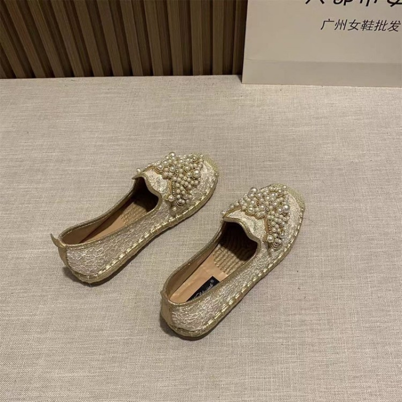 Women's Luxury Pearl And Embellished Espadrille Loafers, Lace Jute Trim Slip On Flats, Elegant Bridal Casual Shoes For Wedding, Party, Daily Wear, Women Shoes