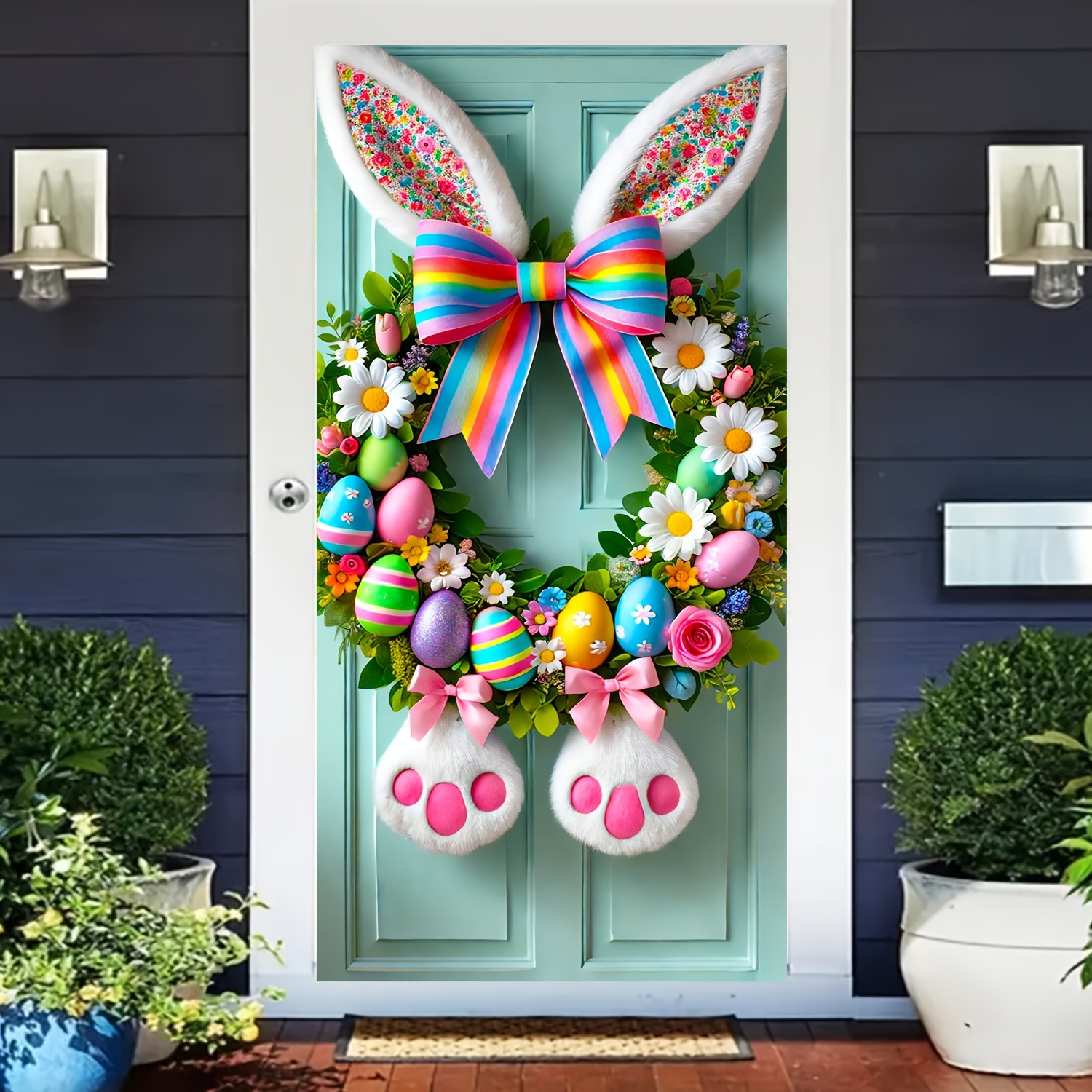 

Easter Wreath With Rainbow Bow And Eggs - 35.4" X " Polyester Door Decoration, Spring Entrance And Room Decor, Holiday Door Banner|vibrant Decor|polyester Wreath, Bunny Accessories