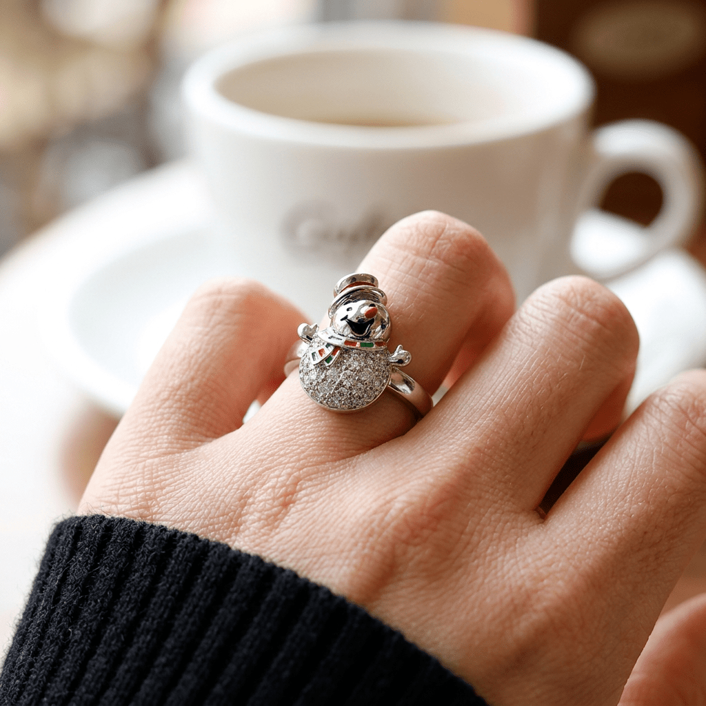 Christmas Snowman Enamel Rhinestone Open Ring, Holiday Gift