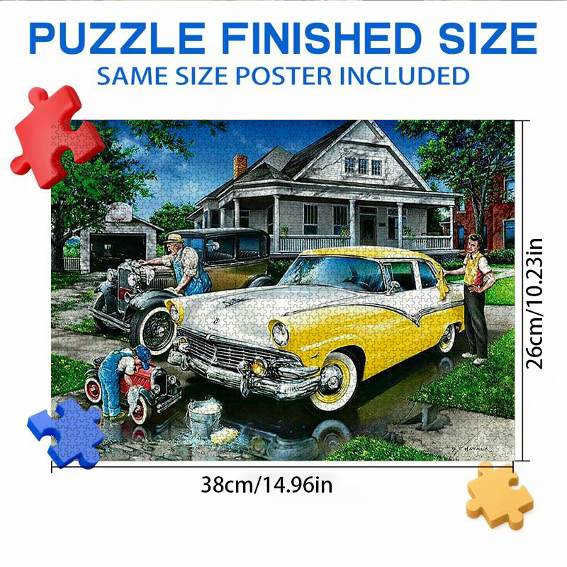 TEMU 1000pcs Mini Jigsaw Puzzle Vintage Driveway Scene Family Outdoor Washing Home Decoration Suitable For Living Room Wall And Garage Decor Holiday