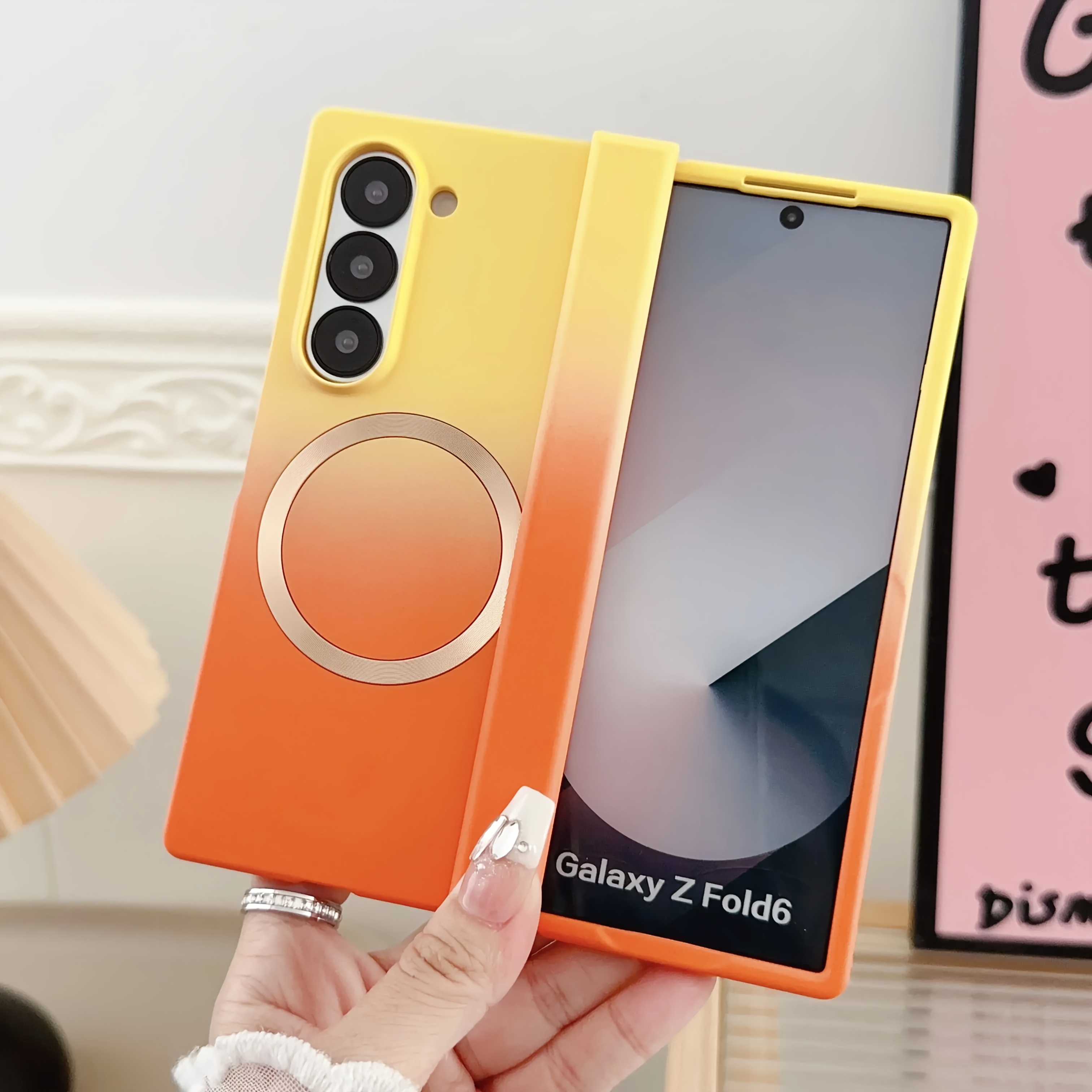 TEMU Phone Case - Magnetic Flip Cover, Gradient Dopamine Color Scheme, Designed For Galaxy Z Fold 3 Models, Shock Protection W22/23/26
