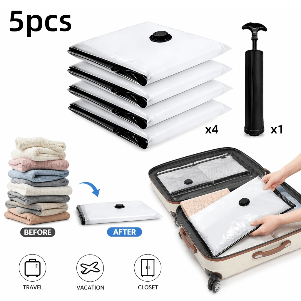 TEMU 5pcs Of Black Vacuum Storage Travel Set ( Black Manual Hand Pump), Durable Reusable Space Saver Seal Bags, Storage Organizer For Clothes,