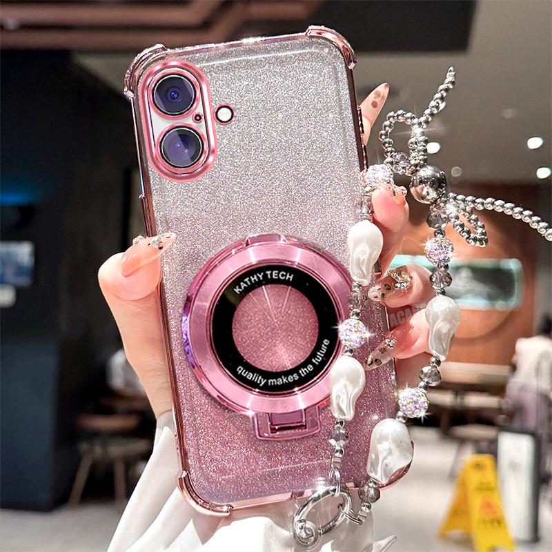 TEMU Phone Case: For Iphone16 Plus Luxury Bead Lanyard Chain Plating Ring Folding Bracket Stand Holder Gradient Glitter Shockproof Phone Case For