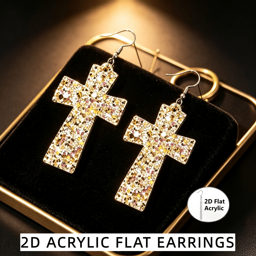 Glitter Sequins Cross Acrylic Dangle Drop Earrings