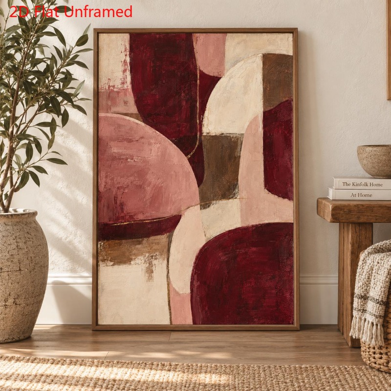 TEMU 2D Plat, 2D Plat, 2D Plat 1-delige Abstracte Geometrische Kunst Canvas Print Posters Verduisterd Bourgondisch Roze Getextureerd Neutraal Canvas