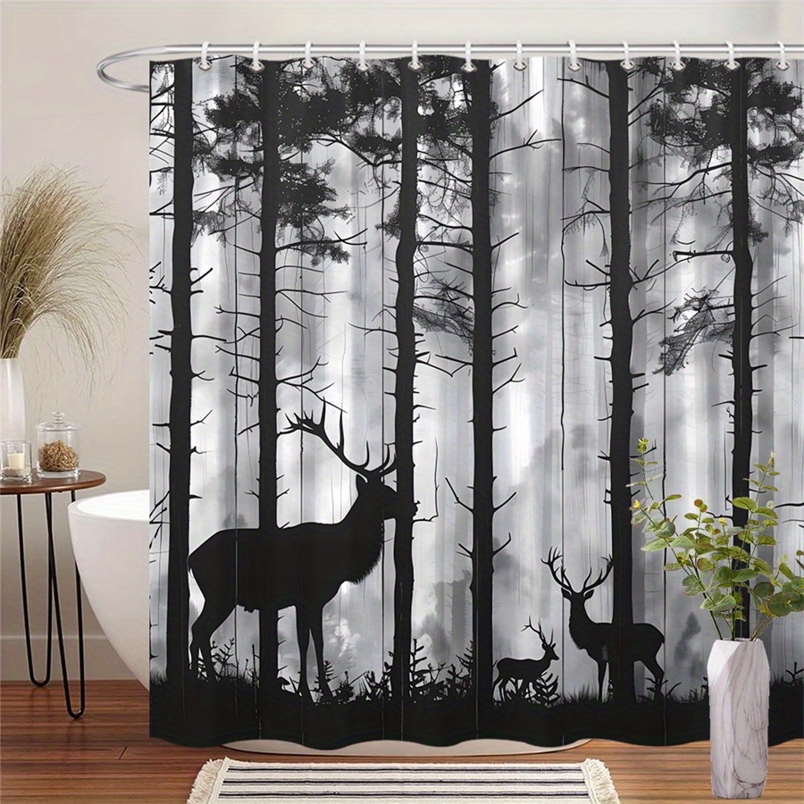 TEMU 1pc Black & White Stag & Deer Shower Curtain - High-contrast Foggy Trees Design, Durable Polyester Fabric, Machine Washable, 70x70 Inch With 12