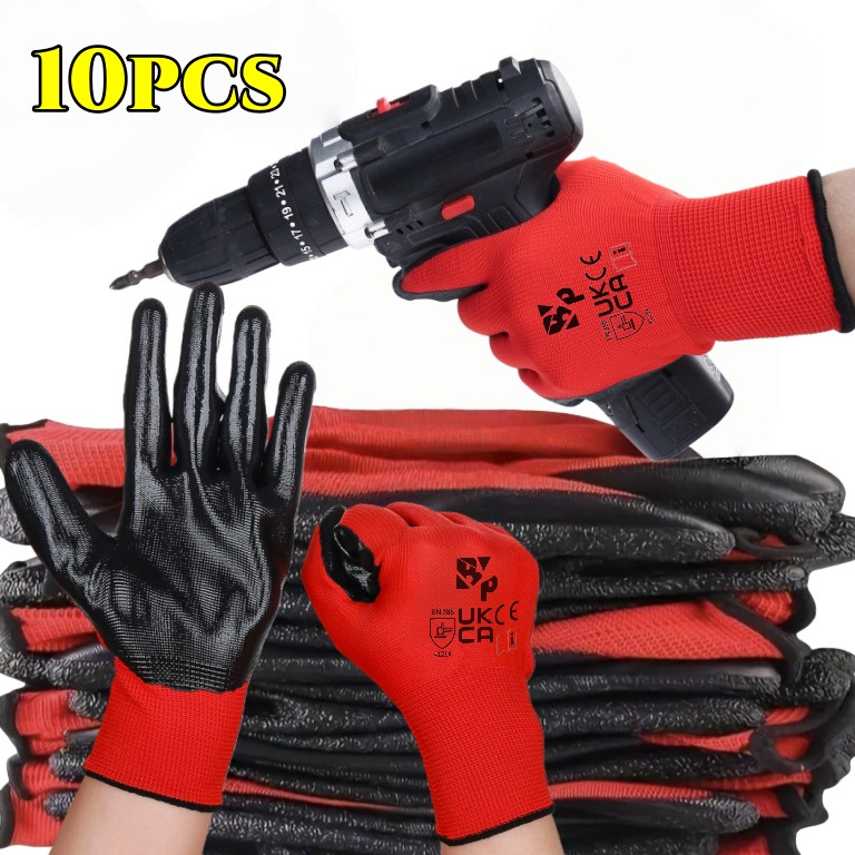 10pcs Heavy-Duty Coated Work Gloves, Labor Gloves, Gardening Gloves, Cycling Gloves, Horse Racing Gloves, Auto Gloves, Anti-Slip Gloves with Perfect Fit, Elastic Polyester Fabric Non-Slip Safety Gloves, Suitable for Various Outdoor Work Scenarios