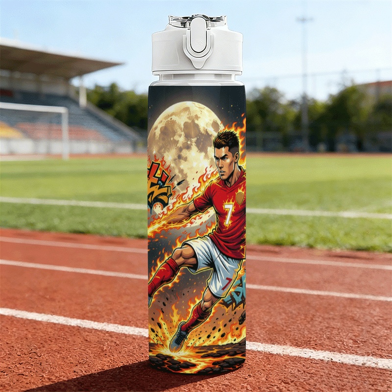 TEMU 25 OZ/750ML 1 pieza Botella de agua de plástico colorida impresa con 2D, tapa abatible -top equipada con , correa de transporte Un de fútbol con