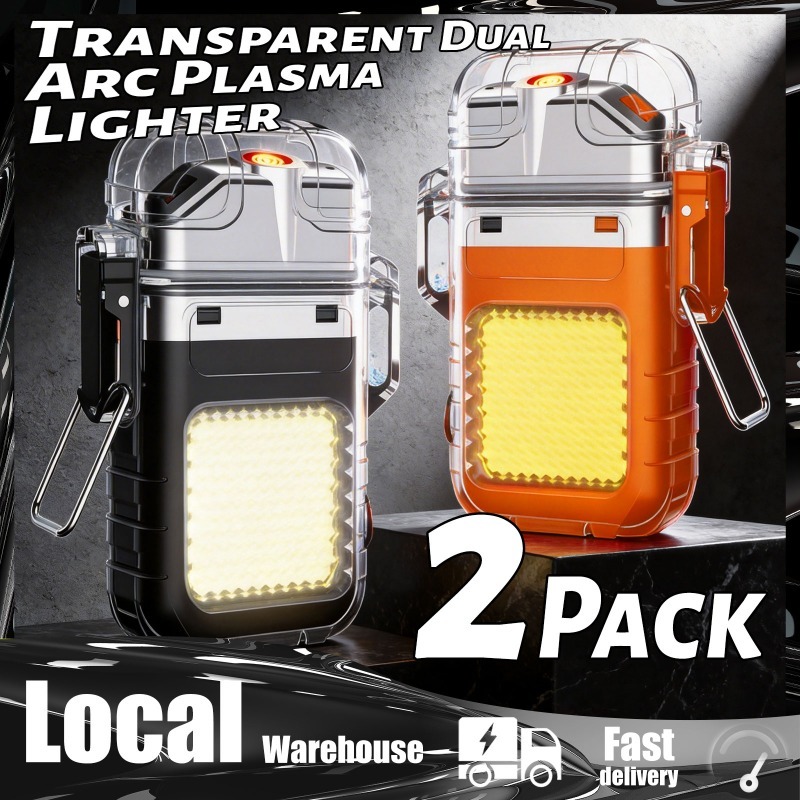 TEMU Transparent Dual Arc Plasma Lighter - Usb Rechargeable, Flameless, For Survival And Tactical Use (2-pack), Black&orange