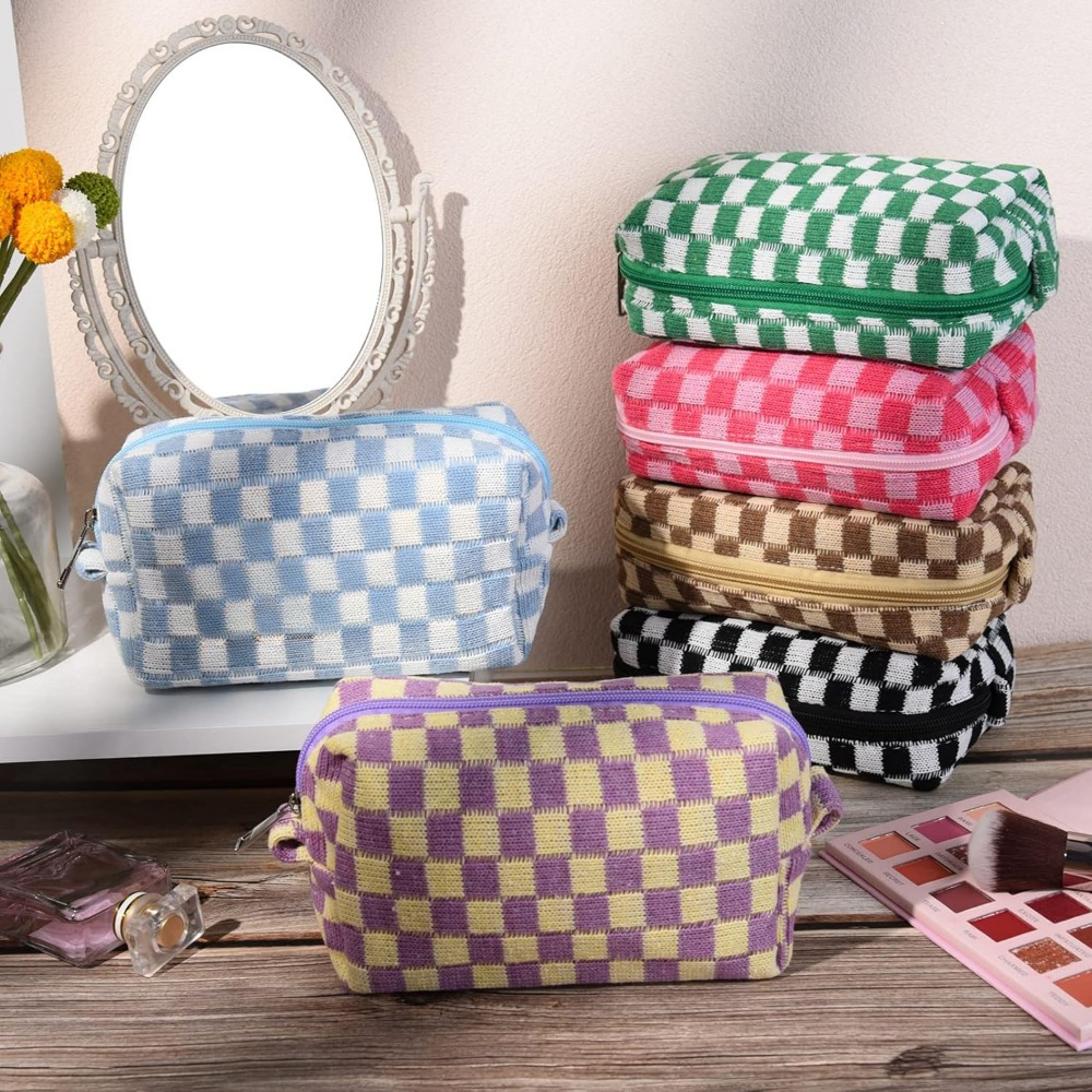 

6pcs Checkerboard Knitted Cosmetic Organizer Set, Portable Makeup Brush Travel Cases, Toiletry Storage Pouches, No Power Required, Installation