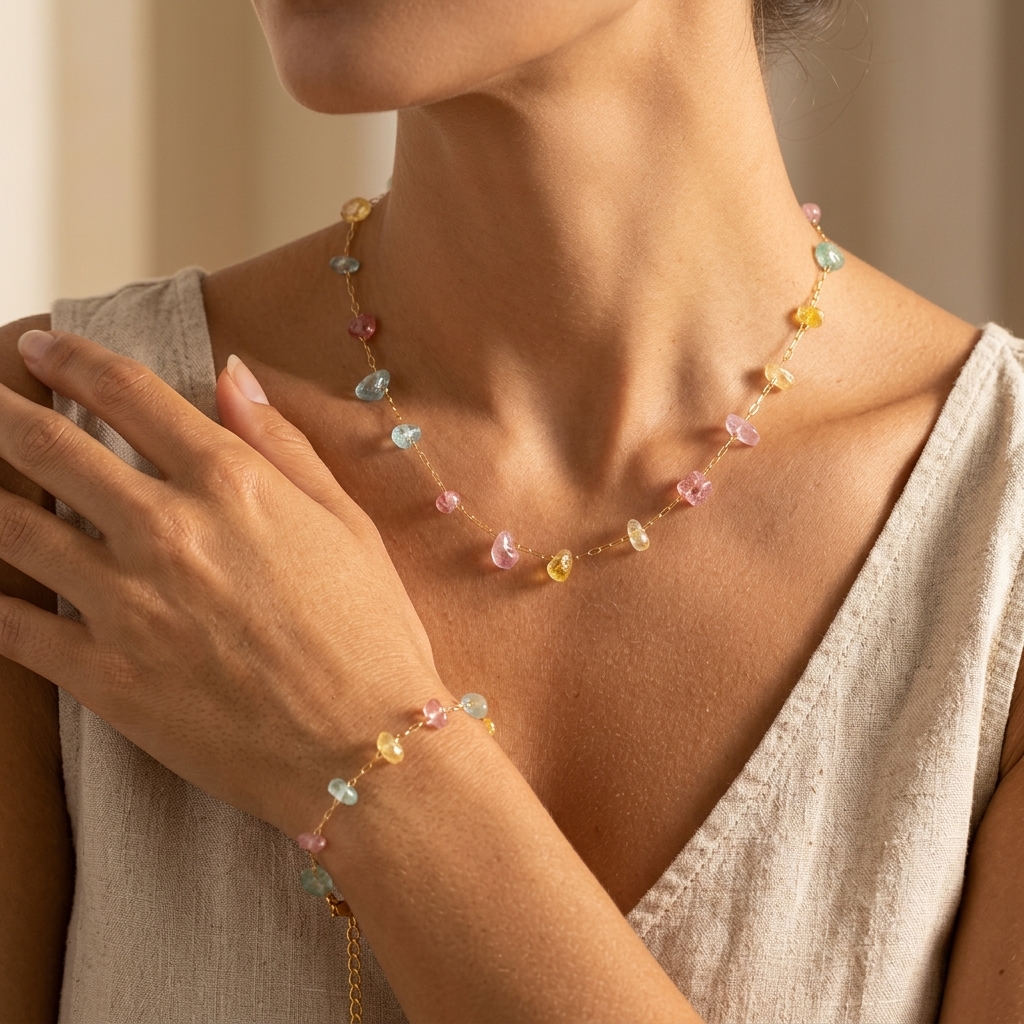 Niche Design Irregular Colored Pebble Pendant Collarbone Chain + Bracelet Set