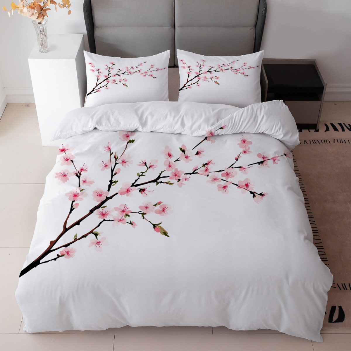 TEMU 3pcs White Cherry Branch Bedding Set (1duvet Cover   2pillowcase, Without Core) - Perfect For Modern Bedroom Decor
