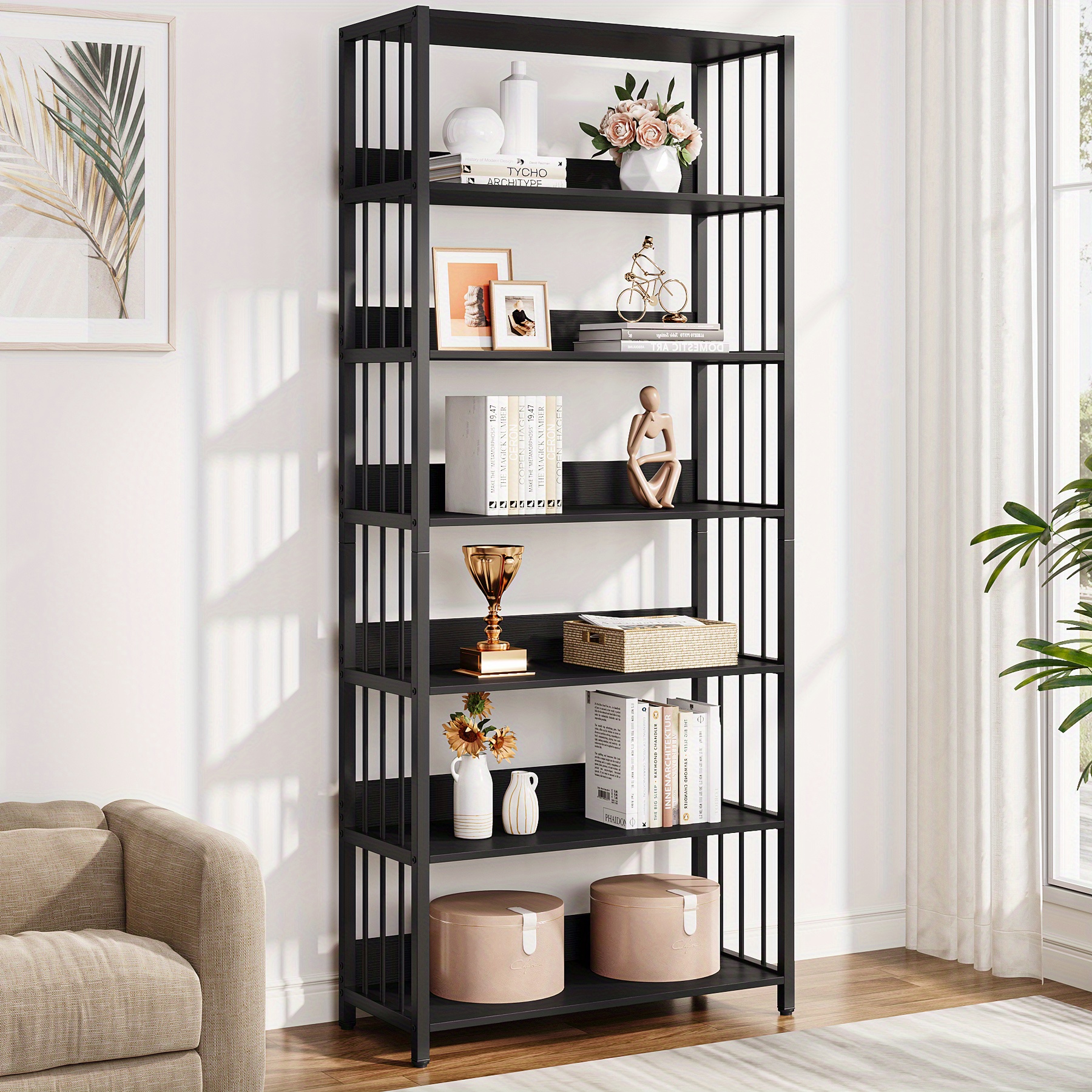 A Six-tier Bookshelf, Featuring An Industrial-style , Ideal For Showcasing Books, Crafts, And Plants. Perfect For Organizing And Storing Items In Living Rooms, Bedrooms