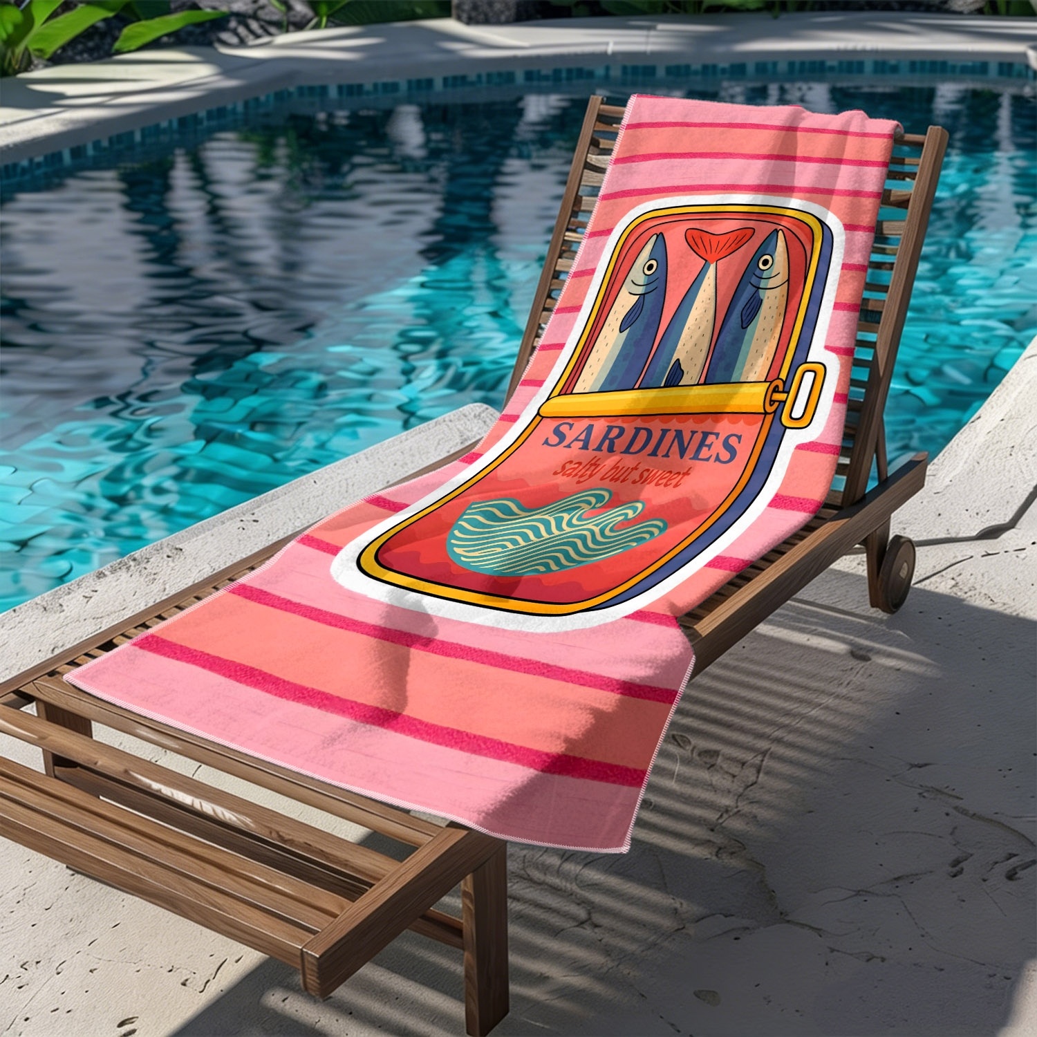 TEMU 1pc, Cartoon Sardine Can Pattern Style Soft Towel For Beach, Vintage Fish School Print Design, Microfiber Bath Towel, Quick-dry And Super