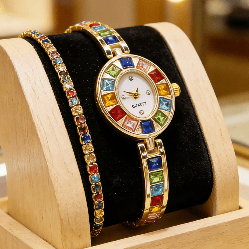 TEMU 2pcs/set Women's Colorful Fine Chain Set, Full Slim Chain Bracelet Watch, Quartz Watch, Multicolored Watch Bracelet