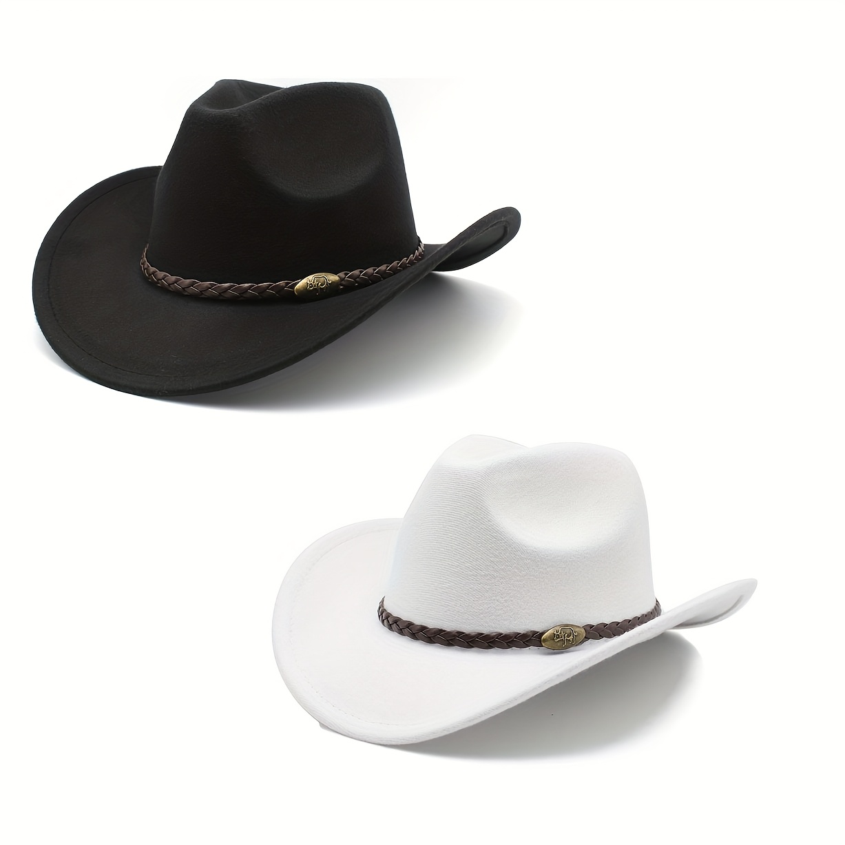 TEMU 2pcs Western-style Cowboy Hat, Elegant Men's , Knight Hat With Calf Accessories, Women's Sunshade Felt Hat, Fedora, Suitable For