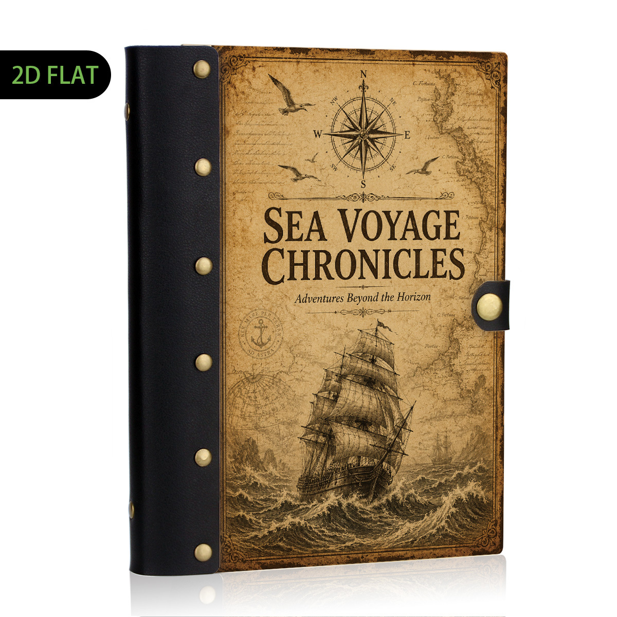 TEMU 1pc Nautical Ship Map Binder Pad, 100 Pages Refillable Loose Leaf, 2d Flat Hard Shell With Metal Rivets, Wood Leather Texture, Eye-friendly