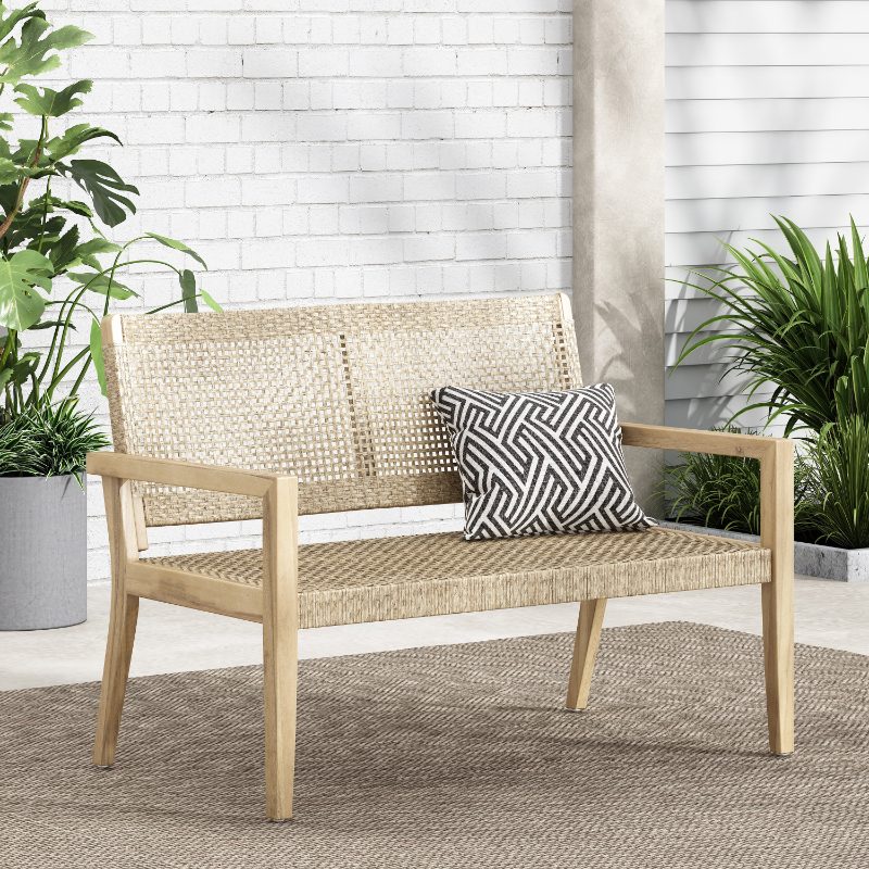 Urban Rustic Outdoor Wicker And Acacia Wood Loveseat, Light Multibrown And Light Brown, 34'' H X 5'' X 27.25'' D