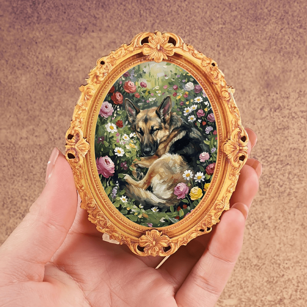 TEMU 1 European-style Wooden Refrigerator Magnet Featuring A German Shepherd Sleeping Flowers. Strong Magnetic Adsorption For , Decorating Your