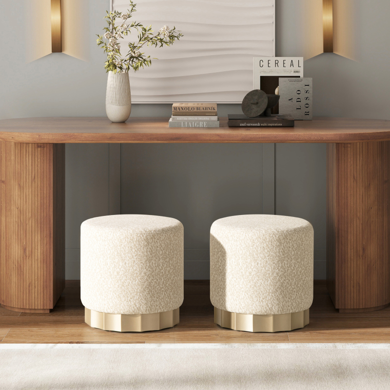 Hampton 18' Round Upholstered Ottoman with Scalloped Base Speckled Egg Beige Chenille