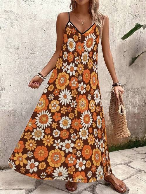 seventies flower coded womens casual vacation dress