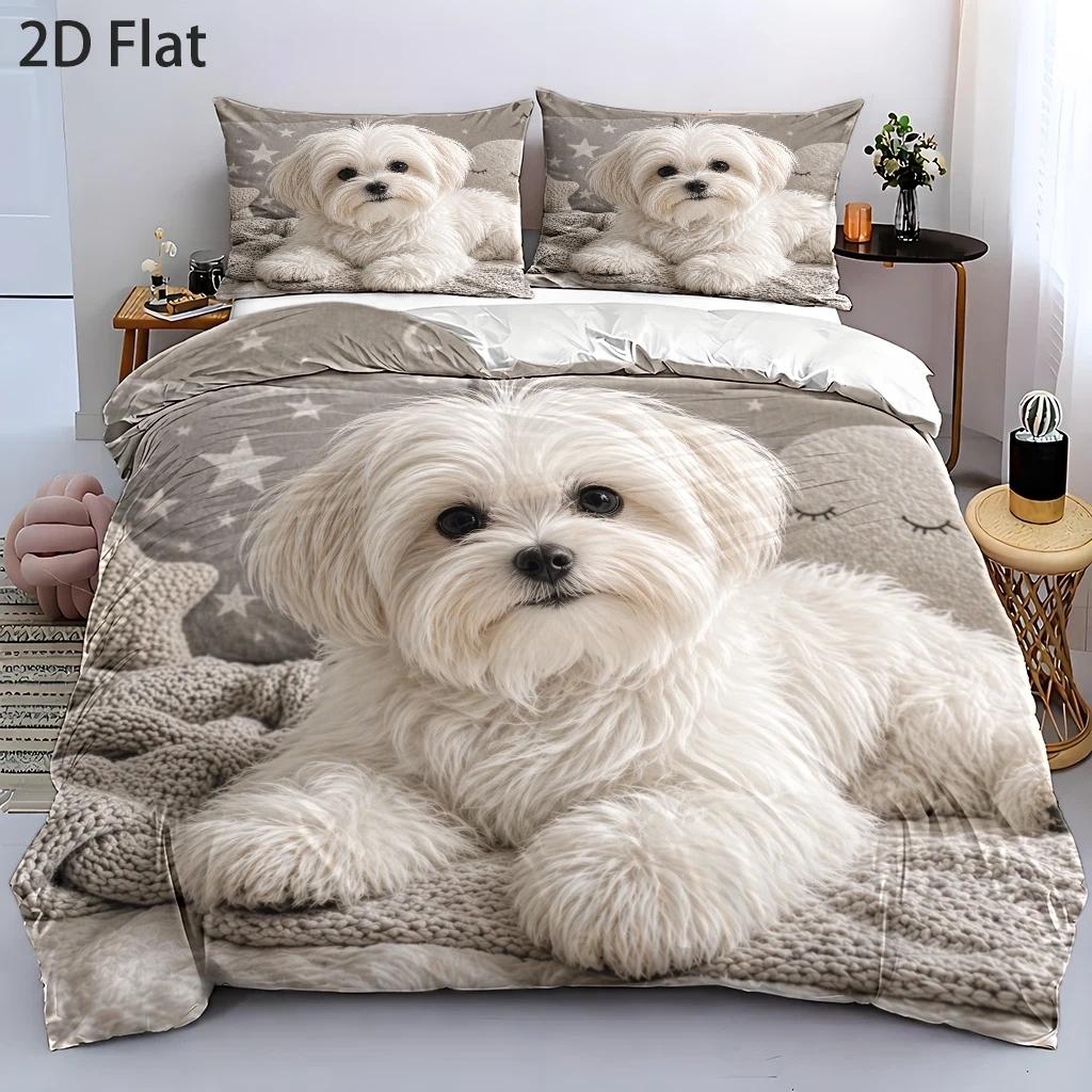 TEMU 3pcss Duvet Cover Set, 1pc Duvet Cover And 2pcs Pillowcases (filling Not Included) 2d Flat Printing, White Puppy Theme, Cartoon Style,