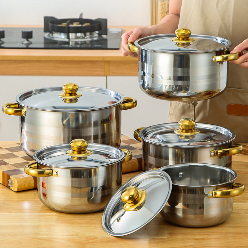 10pcs stainless steel pot set large capacity easy to clean multi specification multi purpose   pot cover anti hot golden handle details 0