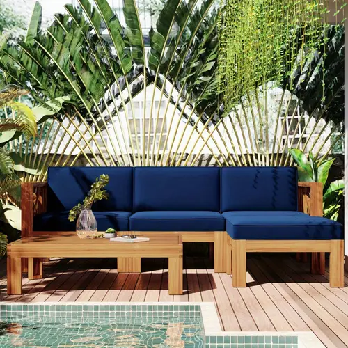 outdoor backyard patio wood 5pcs sectional sofa seating group set with cushions natural blue cushions