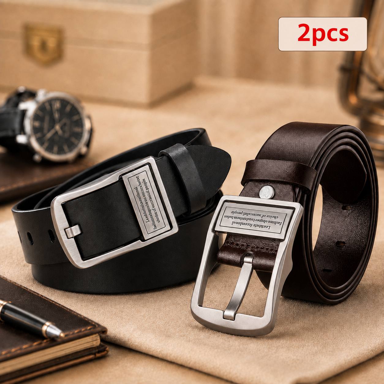 Image of 2pcs Men's Genuine Leather Belt Set, English Letter Decorative Pin Buckles, Adjustable Black And Brown Waist Belts With Black Or Silvery-tone Buckles For Jeans, Business And Casual Wear